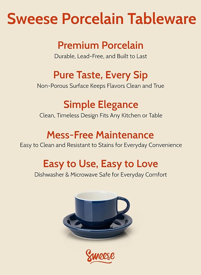 Sweese 8 Ounce Porcelain Stackable Cappuccino Cups with Saucers and Metal Stand - for Specialty Coffee Drinks, Cappuccino, Latte, Americano and Tea - Set of 4, Navy