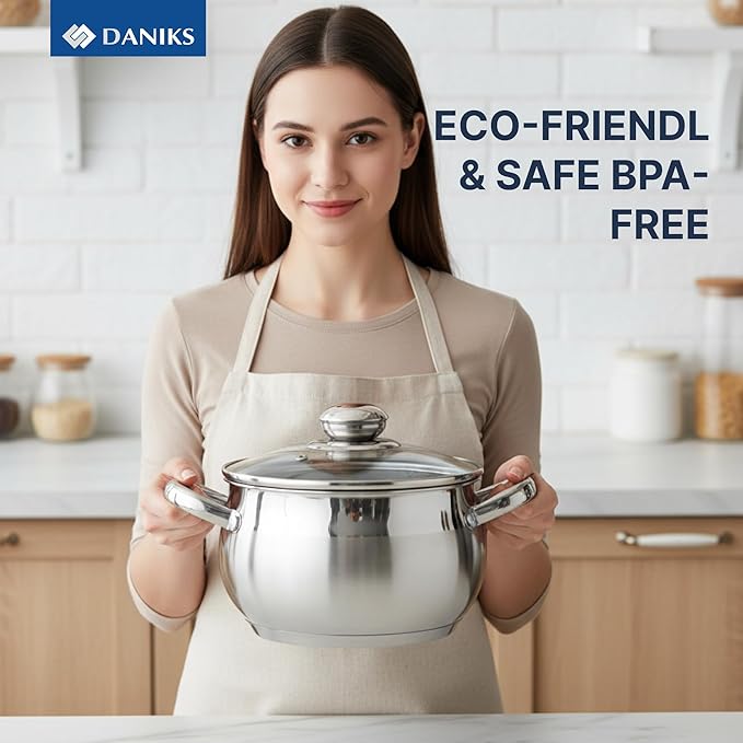 Daniks Classic 4 Quart Stainless Steel Stock Pot with Glass Lid, Tri-Ply Bottom for Even Heating, Induction Compatible, Dishwasher Safe