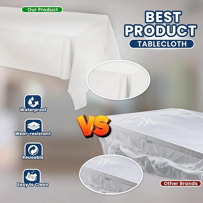 TULLIPAK BULK White Plastic Tablecloths | 100 Pack | 54inx108in | Fits standard folding and picnic tables | Folded, Easy Grab & Go | Rectangle Disposable Waterproof | 100 TABLECLOTHS | MADE IN THE USA