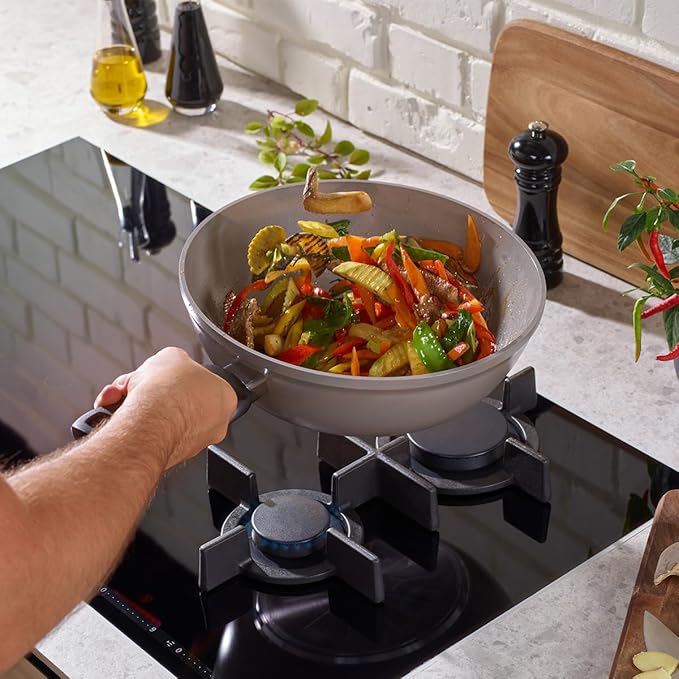 Fissler Ceratal Comfort Ceramic 12 Inch Non-Stick Wok, Warm Grey, Made without PFAS