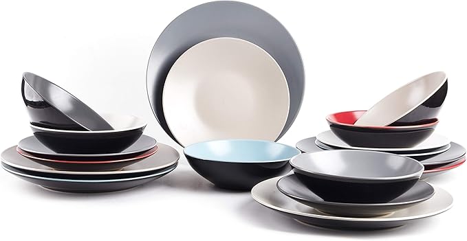 Colors Life 18pc Dinner Set竊똙ery Cool - 6 Assorted Colors Cool Beige, Cool Grey, Light Grey, Frost Red,Turquoise and White