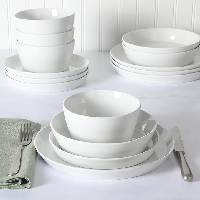 Martha Stewart Selma Chip & Scratch Resistant Dinnerware Set ??White Plates and Bowls, Durable Dishwasher and Microwave Safe Dishes Set for Everyday Use