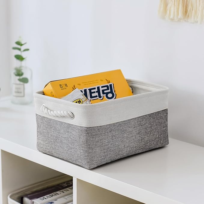 TheWarmHome Storage Bins for Shelves - 13.8L횞9.8W횞6.7H inch 3 Pack Medium Collapsible Storage Baskets for Organizing | Fabric Storage Cubes for Linen Closet Toy Home (White&Grey)