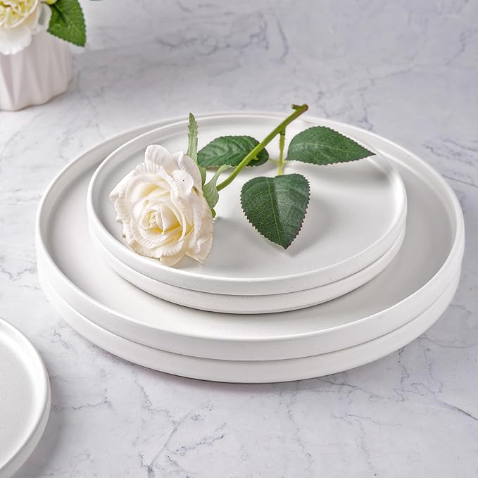 AmorArc Ceramic Dinner Salad Plates Set of 4, 8.5 Inch Reactive Matte Glaze Dish Set, Dessert, Salad, Appetizer, Small Dinner Plate, Microwave, Dishwasher Safe,Scratch Resistant,Matte White
