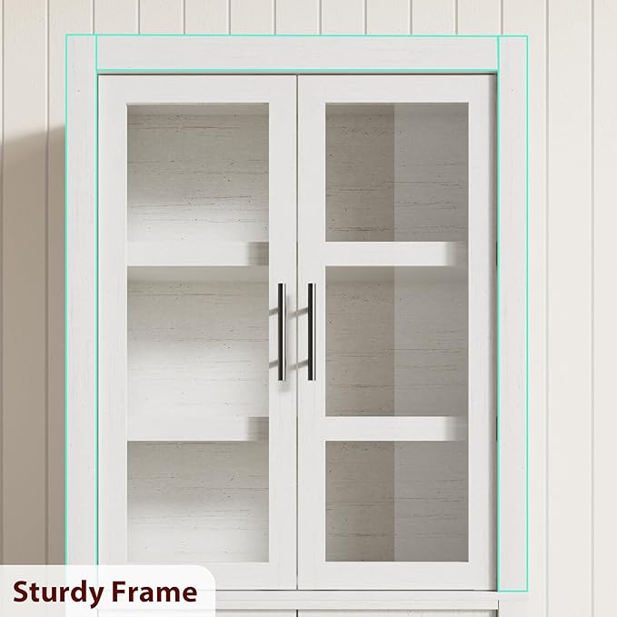 70.45??Tall Farmhouse Kitchen Pantry Cabinet, Wood Storage Cabinet with 4 Doors & Adjustable Shelves, Anti-Tip Design, Sturdy Bookcase for Kitchen/Dining/Office, Rustic White-Glass