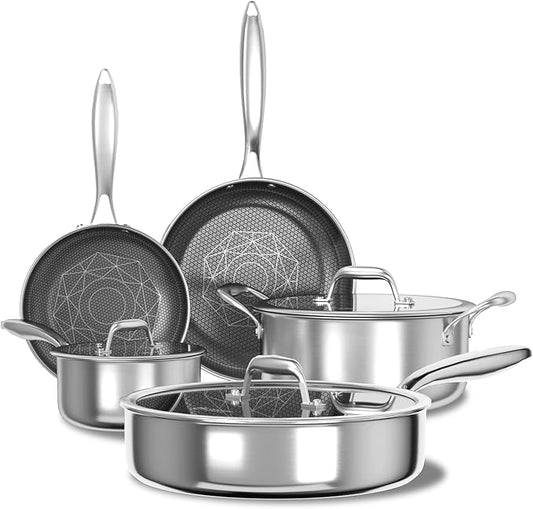 COOKER KING Stainless Steel Cookware Set, 8 Pcs Pots and Pans Set, Hybrid Ceramic Cookware,Non-Stick Frying Pans, Saucepan, Saute Pan & Stock Pot, Non-Toxic, Oven Safe, Induction Compatible