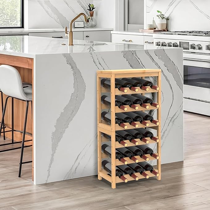 24-Bottle Bamboo Wine Rack Freestanding Floor, 6 Tier Wine Display Rack with Table Top, Wine Storage Shelf for Kitchen Dining Room Bar