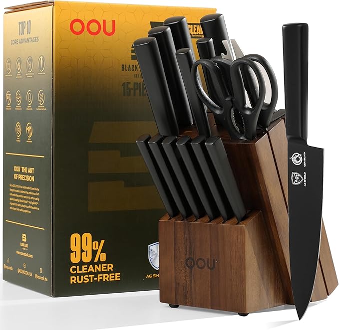 OOU Kitchen Knife Block Set - 15 Pieces High Carbon Stainless Steel Chef Knife Sets, Anti-Rust Black Knives Set with Built-in Sharpener Block, Brown
