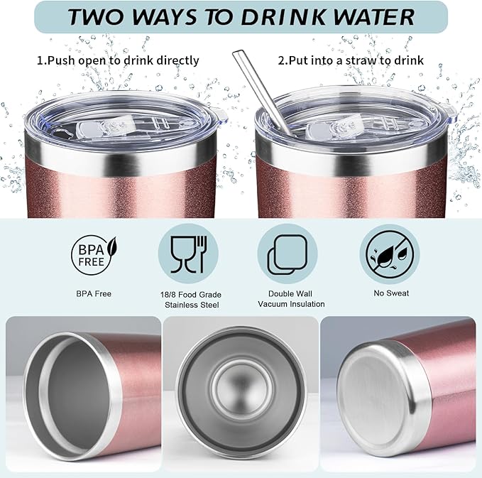 ATIKZHE 20oz Tumbler with Straw and Brush, Stainless Steel Vacuum Insulated tumbler, Double Wall Insulated Coffee Tumbler for Outdoor, Home, Travel,Office (Rose Gold,1pcs)