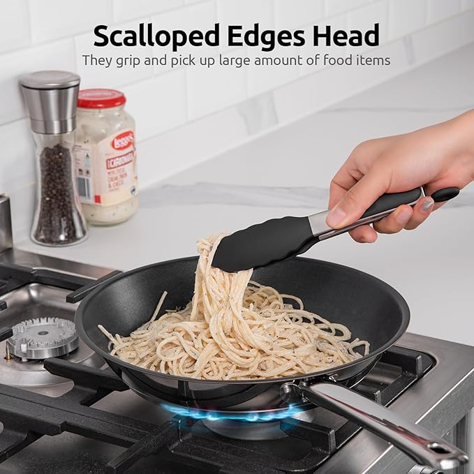600쨘F Heat Resistant Kitchen Tong: U-Taste 7 inch Silicone Cooking Tong with Firm Sealed Non Stick Rubber Tips & Silicon Coated 18/8 Stainless Steel Handle & Smooth Locking for Serving Salad (Black)