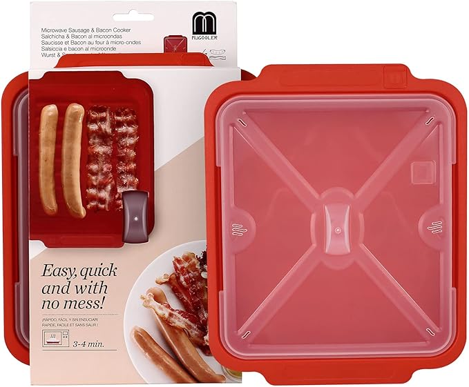 MMUGOOLER Microwave Easy Bacon Maker/Cooker with Lid, Safety, Quick and with No Mess, 11.3??L x 9.0" W x 2.4" H- Red