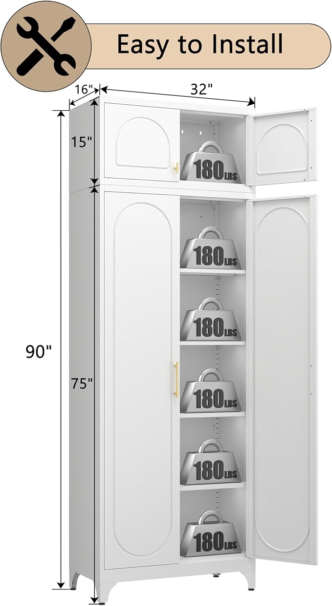 90??Tall Kitchen Pantry Cabinet,Metal Storage Cabinet with Doors and Adjustable Shelves,Modern Kitchen Hutch Cabinets,Freestanding Cupboard for Dining Living Room