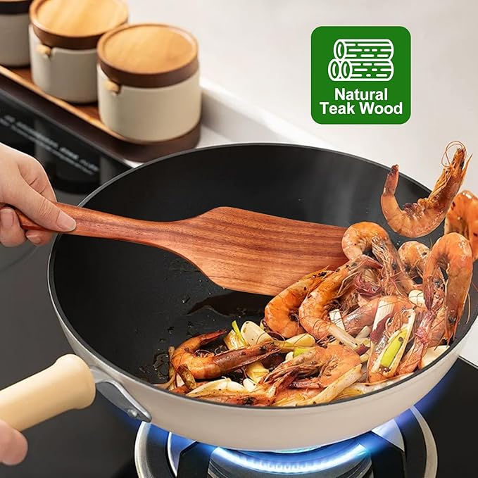 Best Teak Wooden Spatula Set Non Toxic 2 Pcs Wood Kitchen Utensils sets Slotted Turner Spatula Wood Angled Spurtle for Cooking, Flat Frying, Pancake, Egg, Non Stick BPA Free