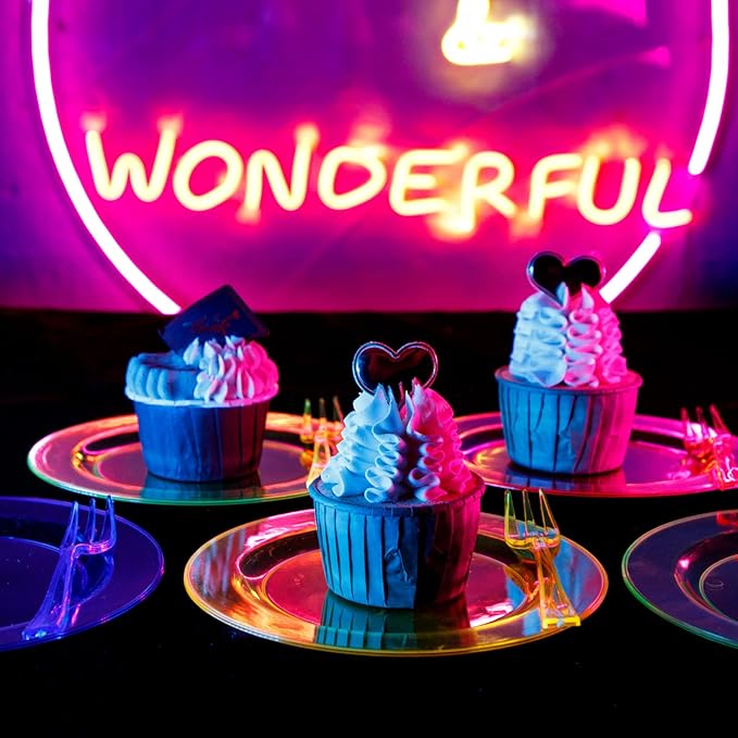 supernal 200pcs Appetizers Plates includ 100pcs Plastic Forks 100pcs Neon Party Plates Colorful Rainbow Disposable Party Plate and Dispsoable Forks Set for Party Catering Birthday New Year