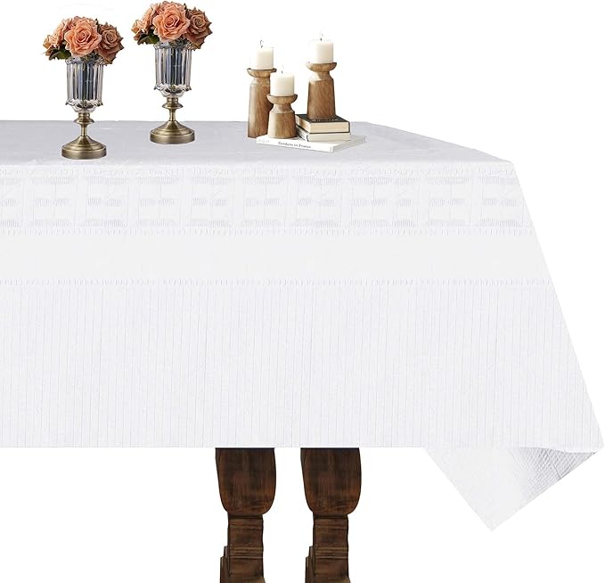 [6 Pack] White Paper Tablecloth Disposable for Rectangle Tables, 54 X 108 Inch Party Table Cover with Plastic Backing, Waterproof 3 Ply Table Cloth for Wedding Christmas Bachelorette, New Pattern
