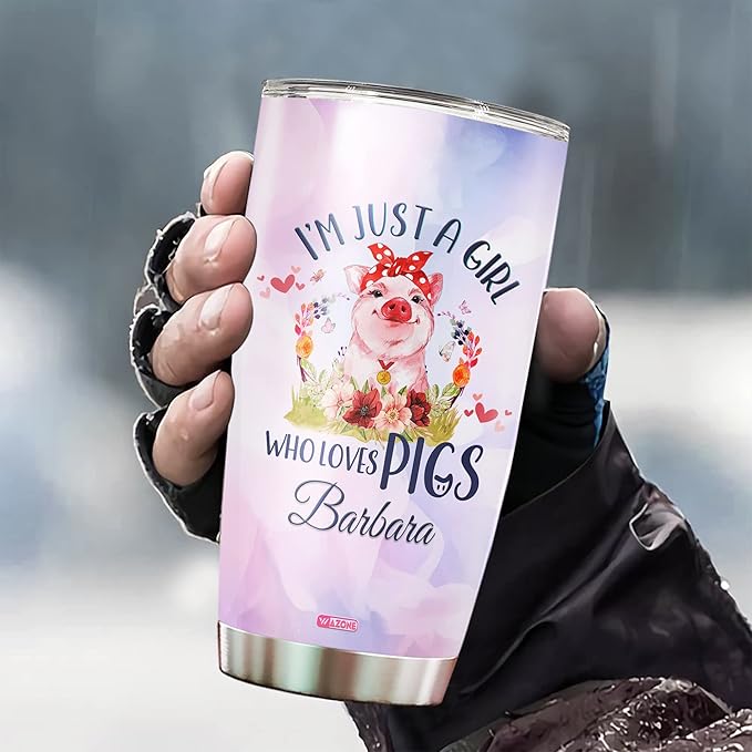 WAZONE Personalized Pig Tumbler Cup Customize Name Just A Girl Who Loves Pigs Stainless Steel Insulated Pink 20oz 30oz Travel Coffee Mug With Lid Birthday Christmas Gifts For Mom Women Girls