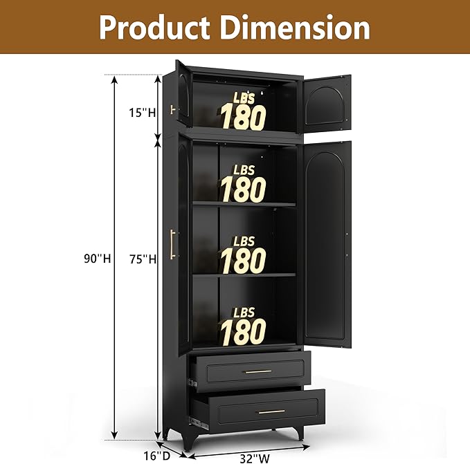 Kitchen Pantry Cabinet with 2 Drawers, 90" Tall Metal Storage Cabinets with Doors and Shelves, Food Cupboards for Dining, Living Room, 16" D x 32" W x 90" H, Black, Assembly Required