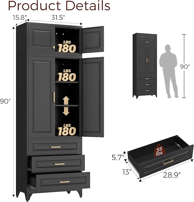 Metal Storage Cabinet, 90" Black Pantry Cabinet with 4 Doors and 4 Adjustable Shelves, Tall Cabinets with 3 Drawers for Dinning Living Room and Dining Room