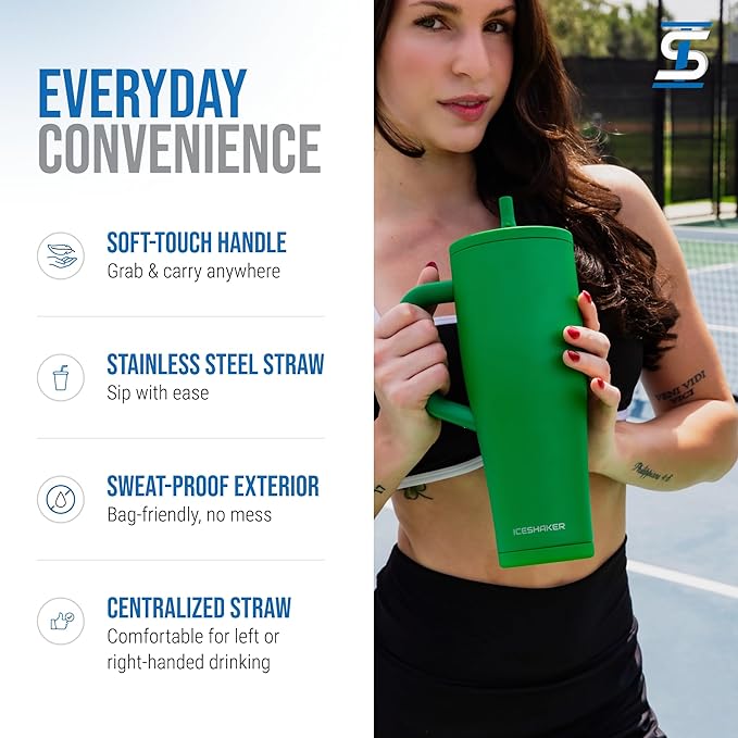 Ice Shaker 40 oz Tumbler with Handle and Straw | 40oz Green | Cold for 30+ Hours | 2-in-1 Tumbler Shaker Bottle | Odor-Free 40 ounce Bottle for Water, Protein Shakes, Smoothies, Cocktails