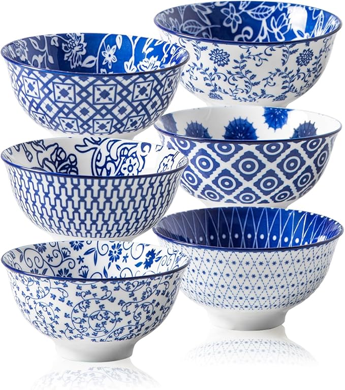 Cerkik Ceramic Dessert Bowls Set - Small 12 Oz Cereal Bowls - 4.75 Inch Ice Cream Bowls for Fruit, Snack, Side Dishes, Dipping Sauce - Microwave Dishwasher Safe - Set of 6 - Vintage Blue