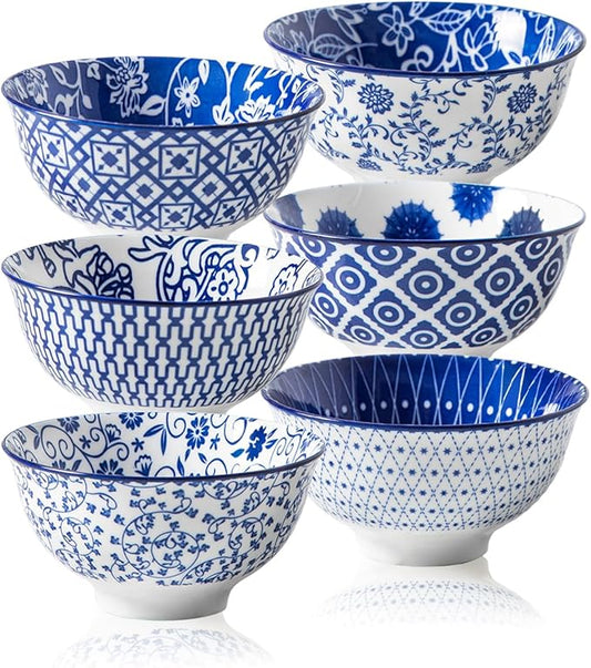 Cerkik Ceramic Dessert Bowls Set - Small 12 Oz Cereal Bowls - 4.75 Inch Ice Cream Bowls for Fruit, Snack, Side Dishes, Dipping Sauce - Microwave Dishwasher Safe - Set of 6 - Vintage Blue