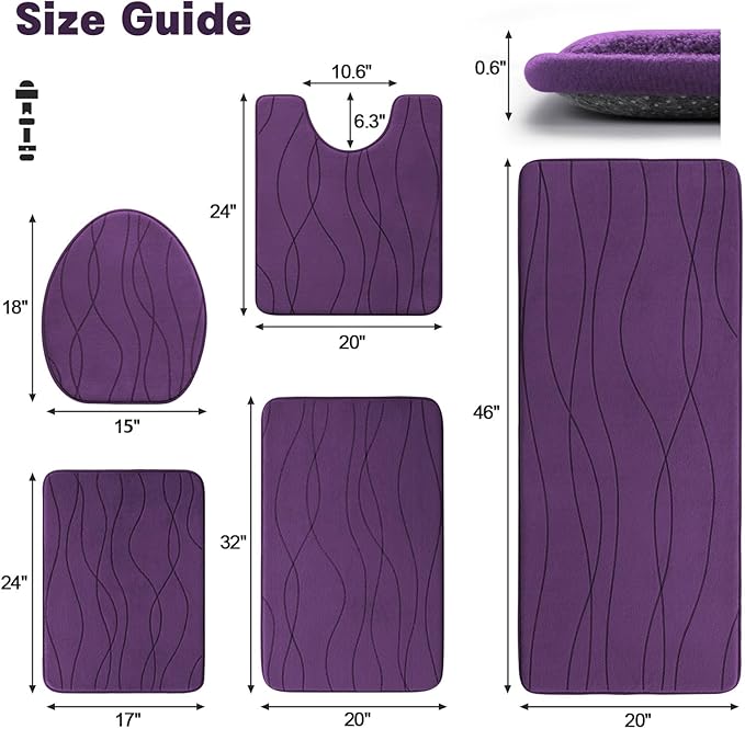 YIHOUSE Memory Foam Purple Bathroom Rug Sets 5 Piece, Ultra Absorbent Bath Mat for Bathroom - Non-Slip Machine Washable & Dry Quickly, 5 Piece Bathroom Mat Set, Purple