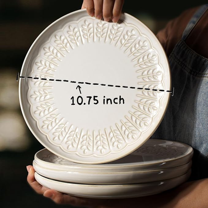 Artena Large Ceramic Dinner Plates Set Of 4, 10.75 Inch Embossed Kitchen Salad Plates, Modern Serving Plates For Restaurant, Plates With Lipped Edges, Microwave Dishwasher Safe (Wheat Leaf)