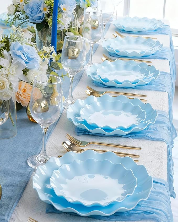 LIYH 20 Pcs Light Blue Plastic Plates Reusable 7.5 Inch - Unbreakable Scalloped Dessert Plates for Weddings Camping Party Outdoor Picnics Dishwasher Safe BPA Free (20Guests)