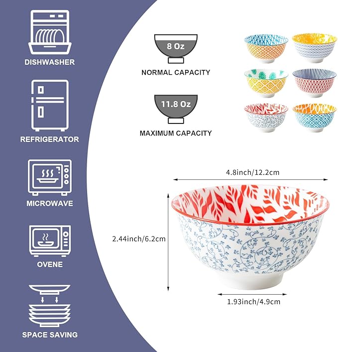 Cerkik Ceramic Dessert Bowls Set - Small 12 Oz Cereal Bowls - 4.75 Inch Ice Cream Bowls for Fruit, Snack, Side Dishes, Dipping Sauce - Microwave Dishwasher Safe - Set of 6 - Assorted Colors