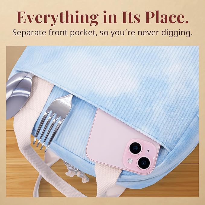 LOVELYWIND Insulated Sky Blue Lunch Bag for Women, Stylish Corduroy Tote with Aluminum Lining, Large Capacity Reusable Cooler for Work, Travel, or Beach, Beige Cream Water-Resistant Lunch Box