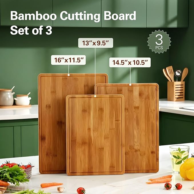Zarler Bamboo Cutting Boards for Kitchen, Durable Wood Cutting Board with Juice Grooves and Handles, Wooden Chopping Borad Set for Meal Prep, 500??Carbonized Bamboo, XL Size, Ideal Kitchen Gift