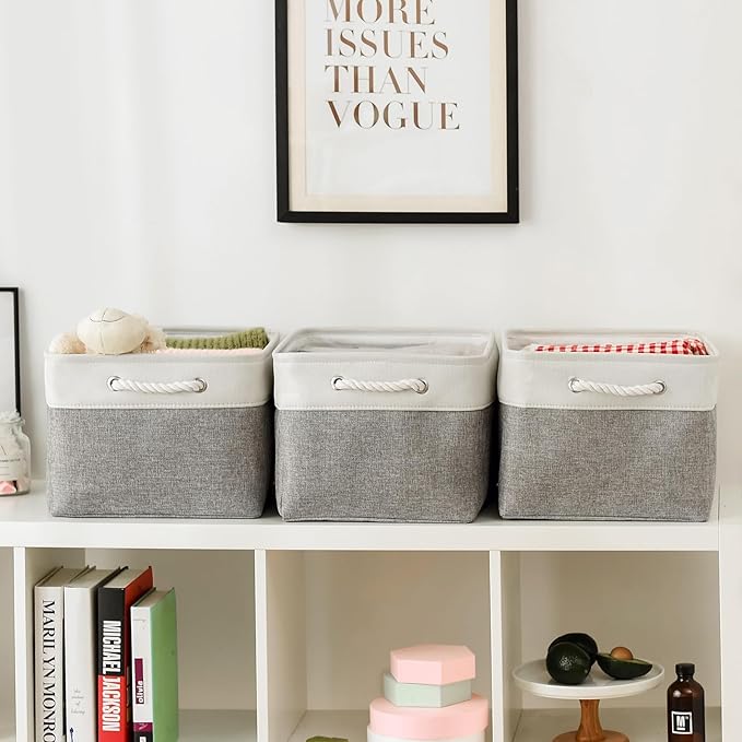 TheWarmHome Storage Baskets for Organizing, X Large - 3 Pack 17.7L횞13.8W횞9.8H in Foldable Storage Bins for Shelves, Fabric Storage Box for Closet Nursery Toy Gift (White & Grey)