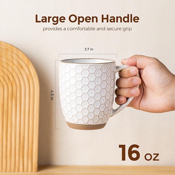 GBhome Large Coffee Mugs Set of 4, 16oz Handmade Embossed Coffee Mugs Set with Large Handle for Cappuccino/Latte/Tea/Hot Cocoa, Dishwasher & Microwave Safe, Off White