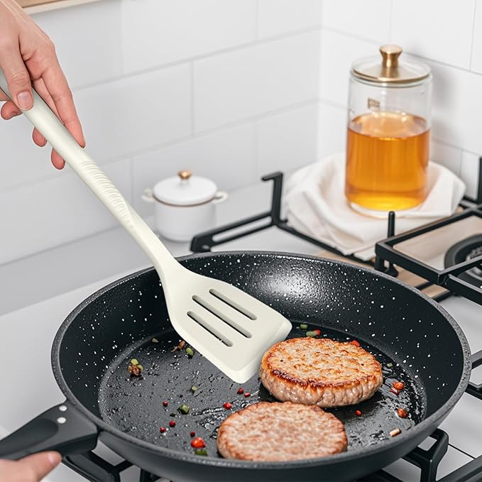 Silicone Cooking Utensils Set - 600째F Heat Resistant, Nonstick Kitchen Utensil Set with Spatulas, Spoons, Whisk, Tongs, BPA Free, Dishwasher Safe, Cream White