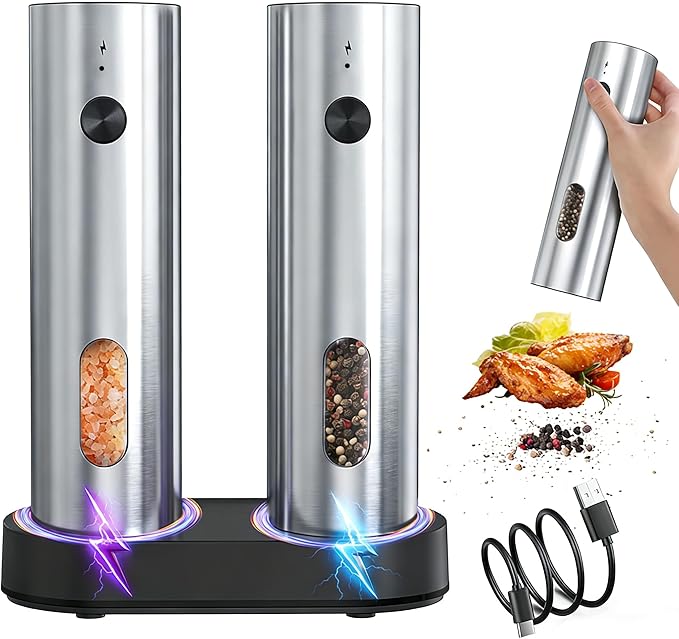 Electric Salt and Pepper Grinder Set, Rechargeable Stainless Steel with USB-C Dual Charging Base, Upgraded Large Capacity, Adjustable Coarseness & Bright LED Light, Kitchen Essentials