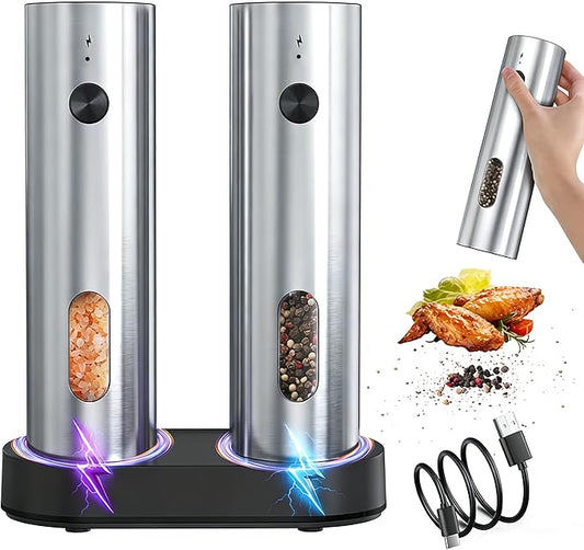 Electric Salt and Pepper Grinder Set, Rechargeable Stainless Steel with USB-C Dual Charging Base, Upgraded Large Capacity, Adjustable Coarseness & Bright LED Light, Kitchen Essentials