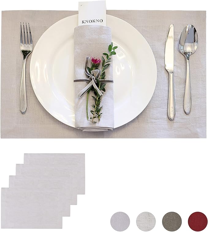 KNOKNO Home Pure Hemp Placemats 18 x 12 Inch Set of 4 Handcrafted with Mitered Corners Natural Fabric,Machine Washable Table Mats for Dining Tables (Silver Gray, Placemats | Set of 4)