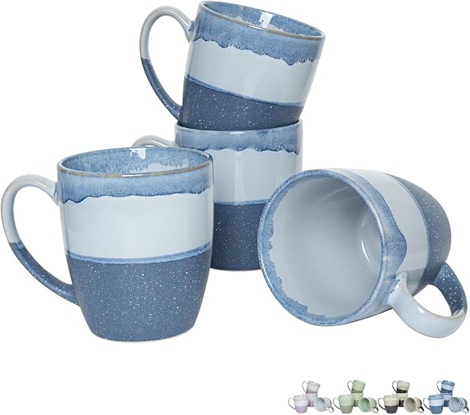 Bosmarlin Ceramic Coffee Mug Set of 4, 17 Oz, Blue Coffee Cups with Big Handle, Microwave Safe, Unique Reactive Glaze