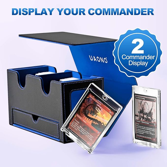 Card Deck Box for MTG, Double Deck Storage Box with 2 Commander Display & 1 Dice Tray, Fits 200+ Double Sleeved, Card Organizer for CCG TCG Sports (Black Blue)