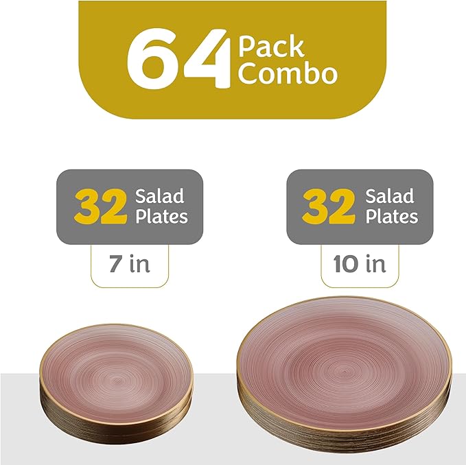 PLASTICPRO 64 Pieces Crystal Design Plastic Plates Combo Pack 32-7 inch and 32-10 inch with Gold Rim Elegant Disposable Plates, Rose Color with Gold Rim