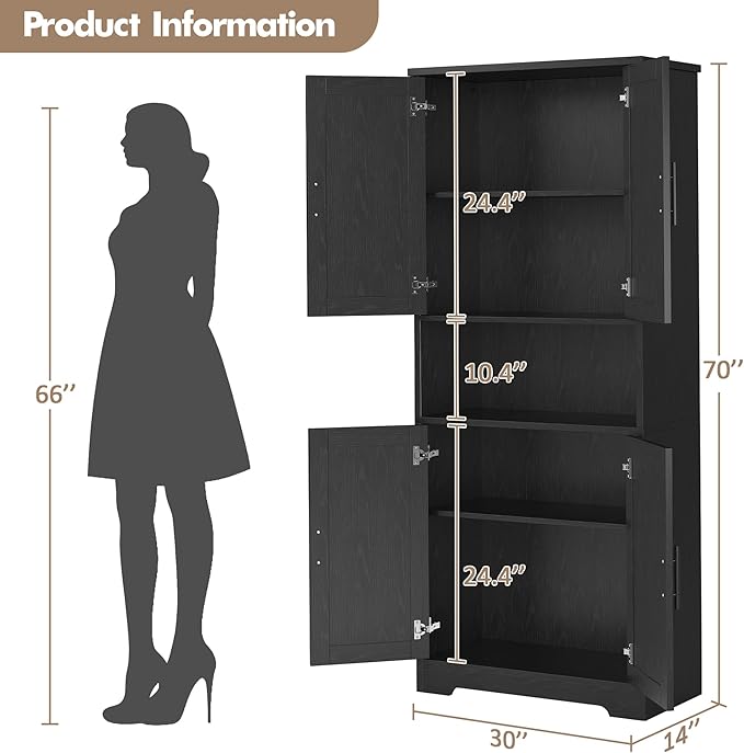 70" Tall White Pantry Cabinet with Doors, Freestanding Storage Cabinet with Adjustable Shelves for Kitchen, Dining Room, Bathroom, Living Room,Black