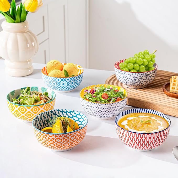 Cerkik Ceramic Dessert Bowls Set - Small 11 Oz Porcelain Ice Cream Bowls for kitchen - 4.7 Inch Cereal Bowls for Salad, Fruits, Ramen - Microwave Dishwasher Safe - Set of 6 - Assorted Colors