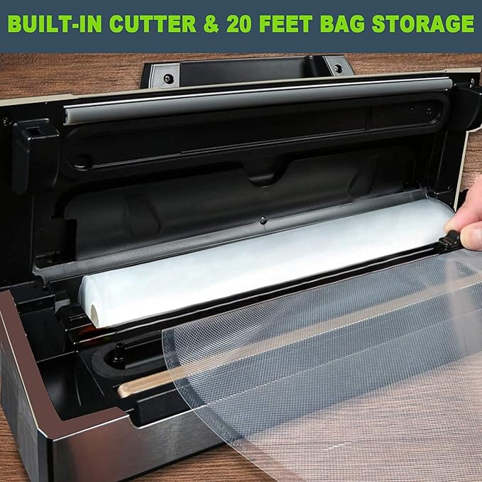 Precision Vacuum Machine,Pro Food Sealer with Built-in Cutter and Bag Storage(Up to 20 Feet Length), Both Auto&Manual Options,2 Modes,Includes 2 Bag Rolls 11?쓝16??and 8?쓝16??Compact Design