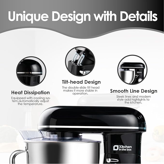 Kitchen in the box Stand Mixer - 8.5 Quart Electric Kitchen Standing Mixer 900 Watt for Heavy Bread Dough,Baking,Cake,Cream & Batters,Tilt Head Design (Black)
