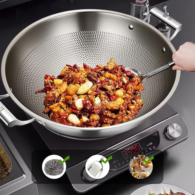 Titanium Hammered Wok with Double Handles, 2026 New Multifunctional Ultra-Durable Scratch-Resistant Non Stick Even Heating Titanium Wok for Cooking,No lid,17.72IN