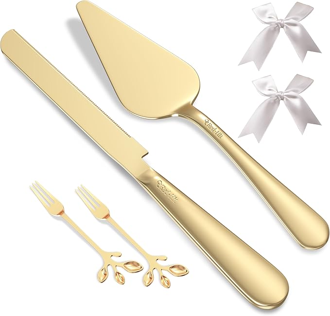 Elegant Gold Cake Knife and Server Set, Extra Thick Stainless Steel Cake Cutter and Cake Server with Bonus Forks & White Bows, Cake Cutting Set for Wedding, Birthday and Christmas Celebrations