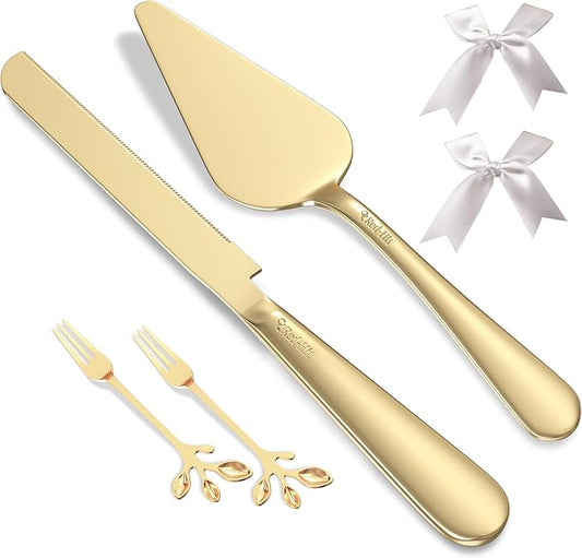 Elegant Gold Cake Knife and Server Set, Extra Thick Stainless Steel Cake Cutter and Cake Server with Bonus Forks & White Bows, Cake Cutting Set for Wedding, Birthday and Christmas Celebrations
