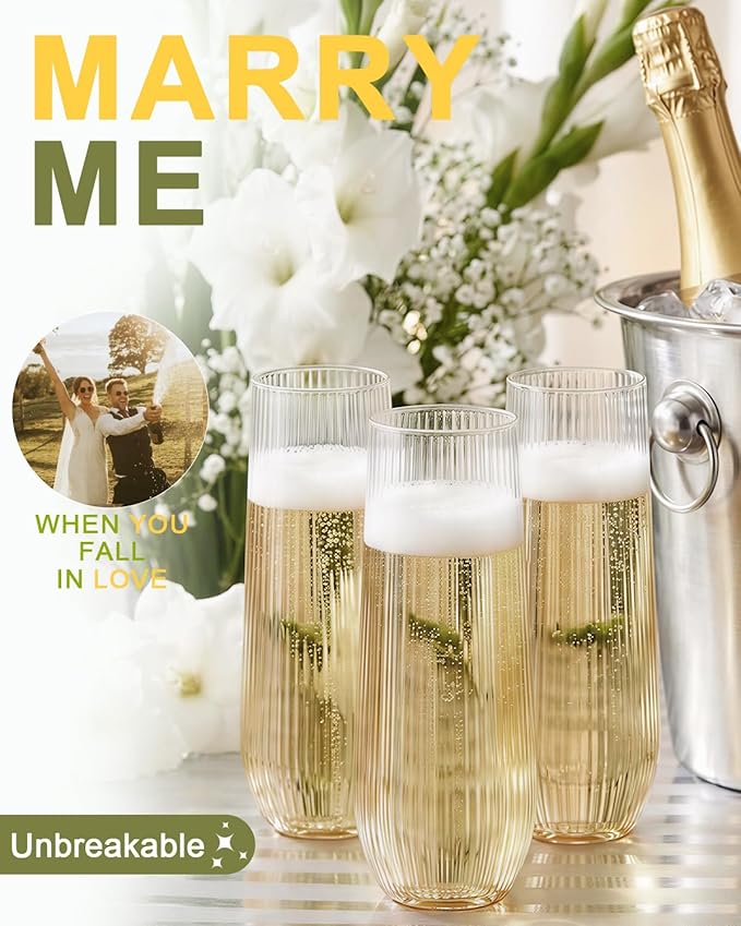 24 Pcak Ribbed Champagne Flutes Plastic, 9 Oz Disposable Stemless Mimosa Toasting Glasses, Clear Crystal Plastic Cocktail Cups for Party Wedding Birthday (Origami Ripple)
