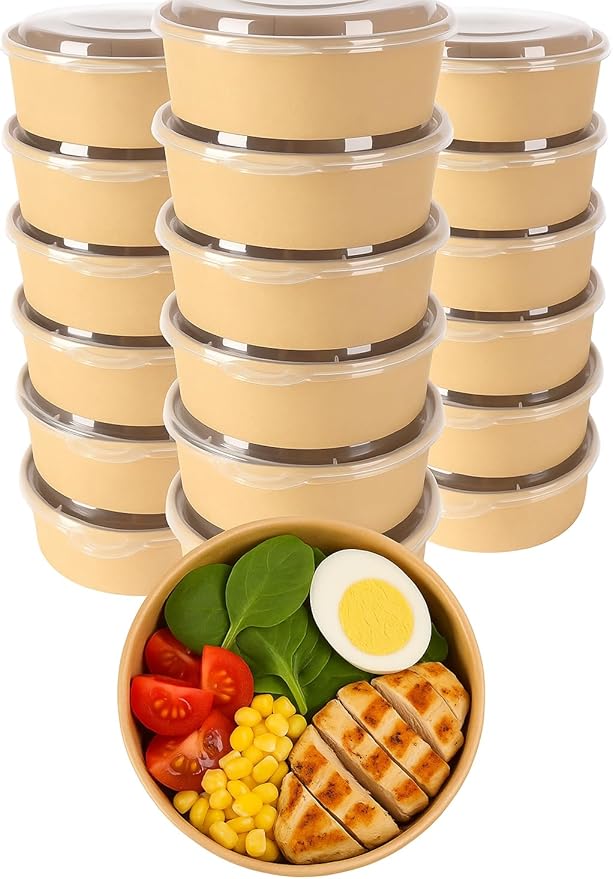 Ruthy's Outlet Kraft Salad Bowls W/Clear Lids ??Disposable Paper Salad Containers, Eco-Friendly | Leak-Resistant | Microwave Safe ??Ideal for Meal Prep, To-Go Orders & Catering (25, 20 oz)