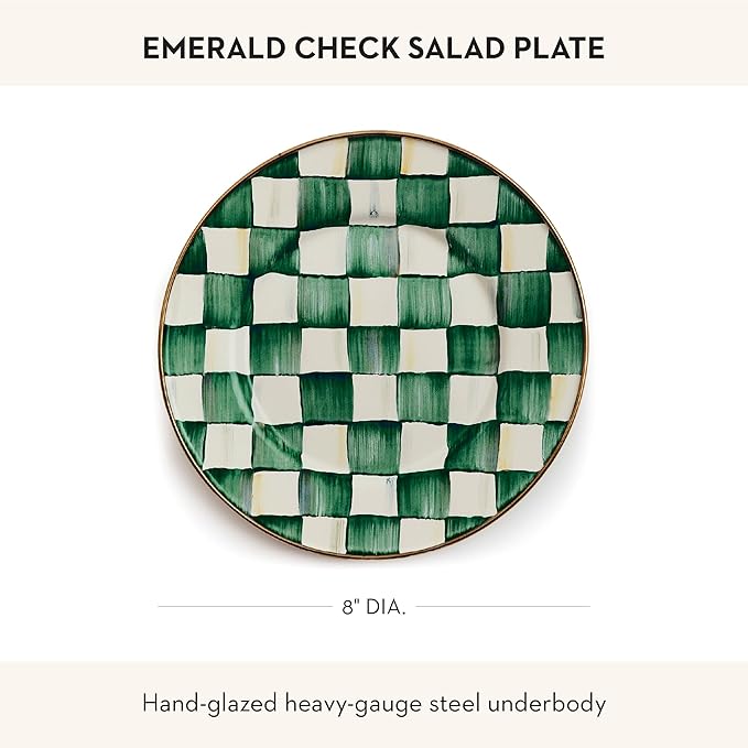 MACKENZIE-CHILDS Enamel Salad and Dessert Plate, Small Plate for a Dessert or Appetizer Dish, 8 Inches, Green-and-White Emerald Check